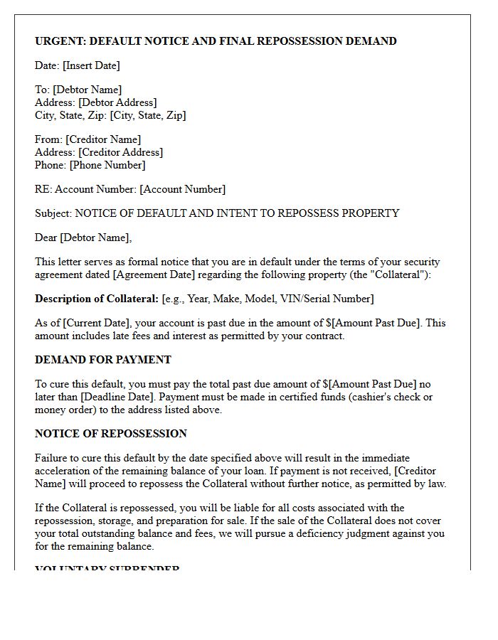 Default Notice and Final Repossession Demand Letter