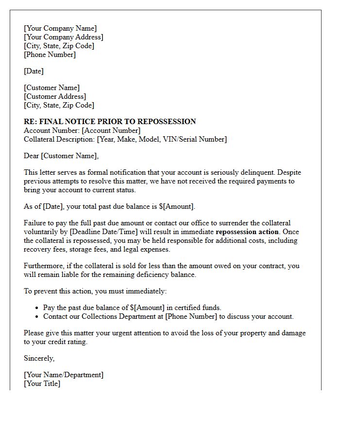 Delinquent Account Final Repossession Action Letter