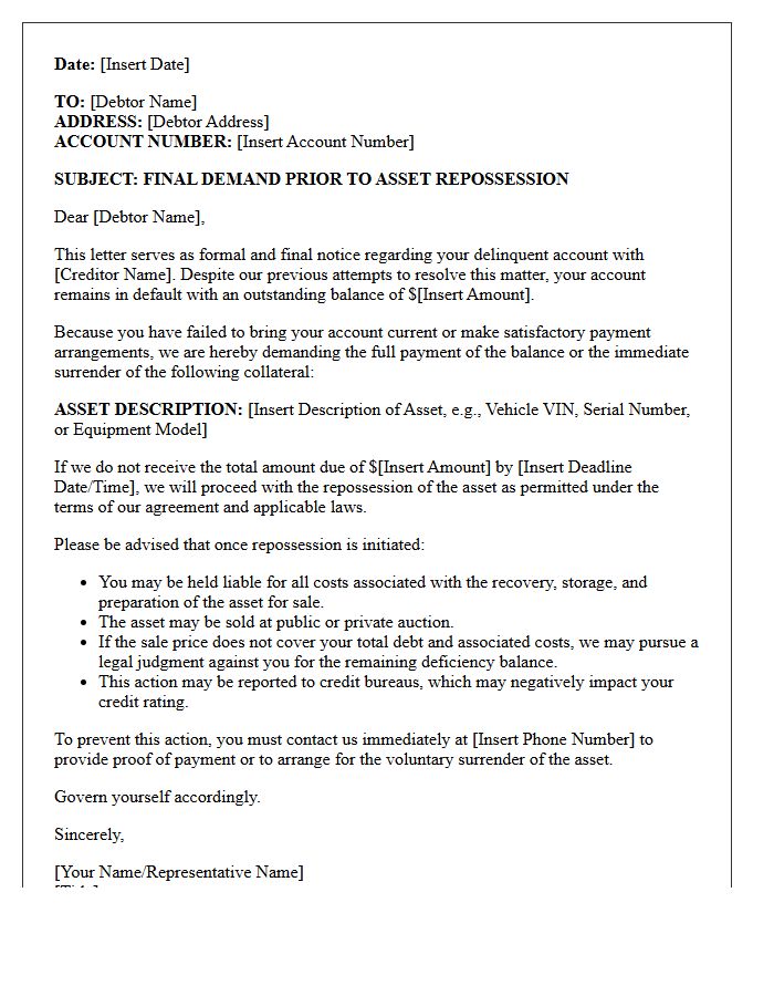 Final Demand Letter Prior to Asset Repossession