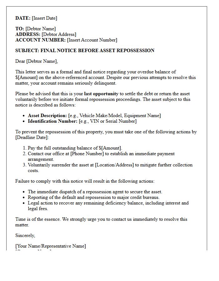 Last Notice and Asset Repossession Warning Letter