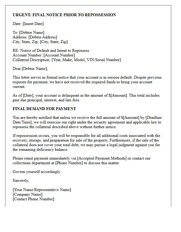 Pre-Repossession Final Demand Collection Letter