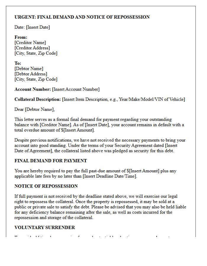 Secured Debt Final Demand and Repossession Letter