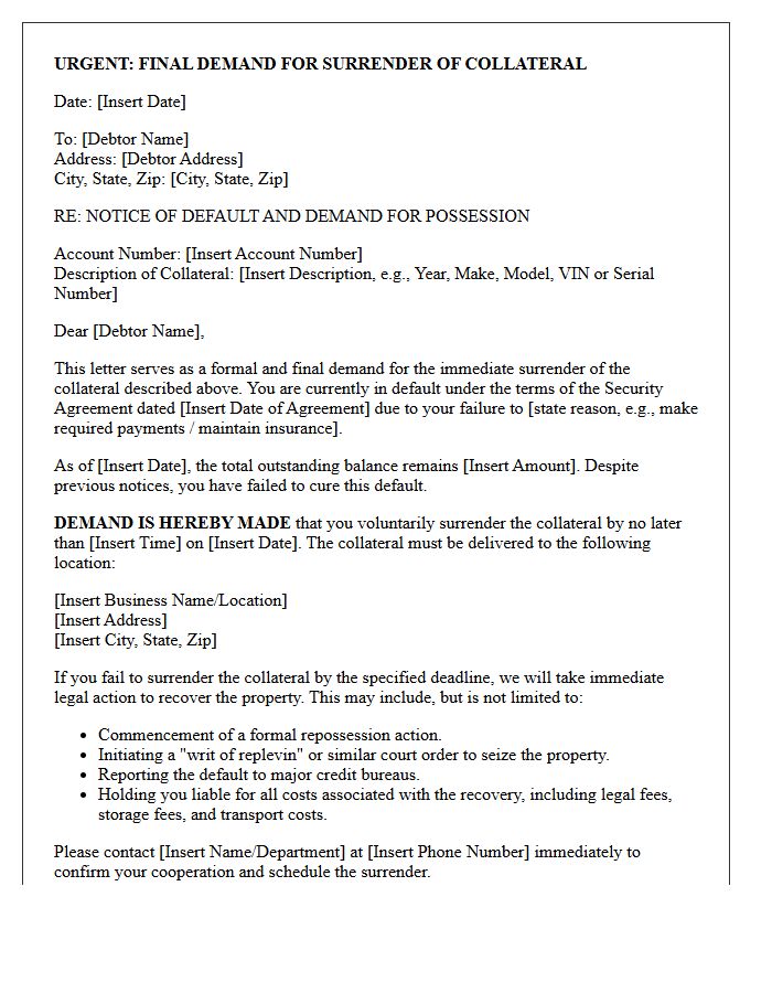 Urgent Letter of Final Demand for Collateral Surrender
