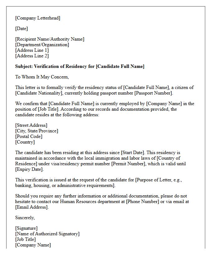 Expatriate Candidate Residency Verification Letter