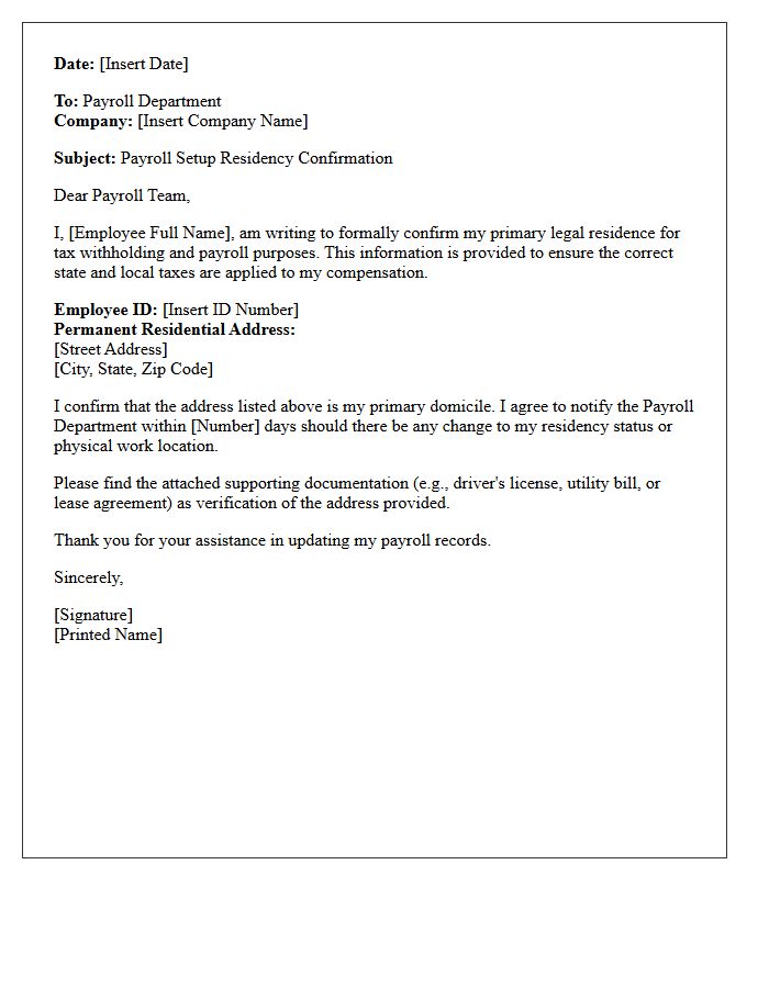 Payroll Setup Residency Confirmation Letter
