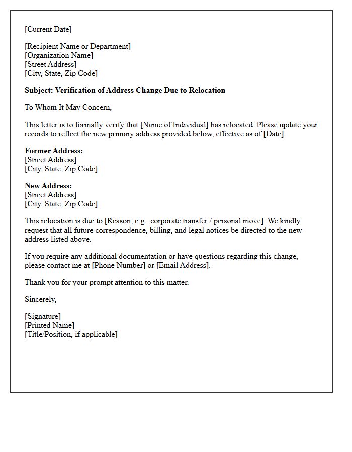 Relocation Address Update Verification Letter