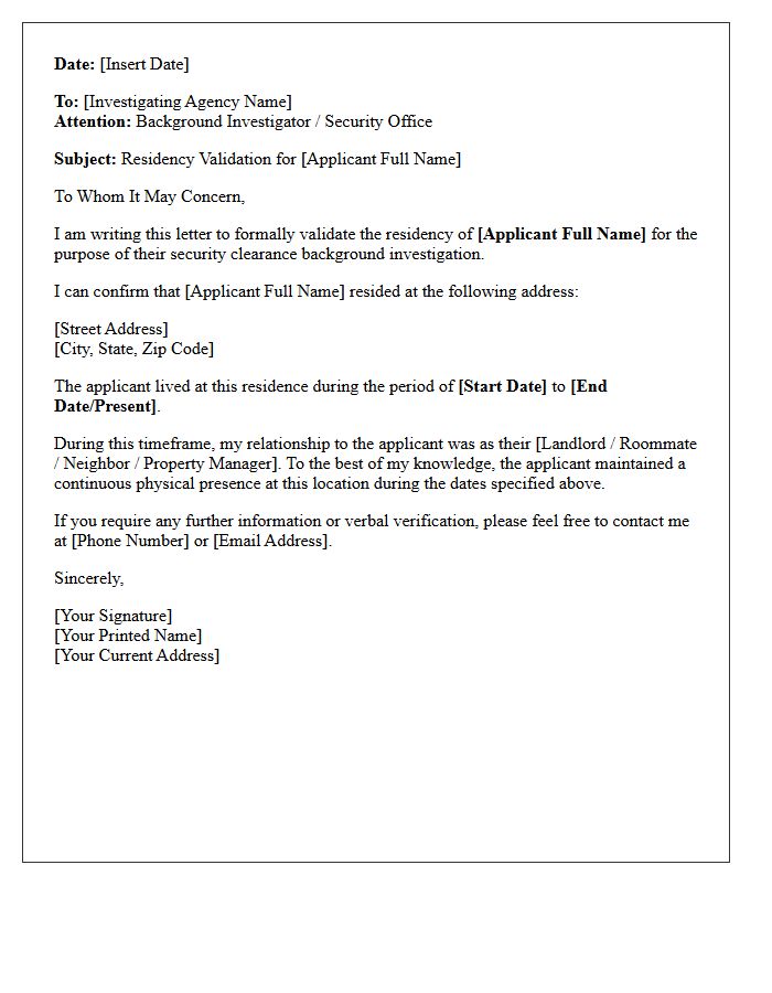 Security Clearance Residency Validation Letter