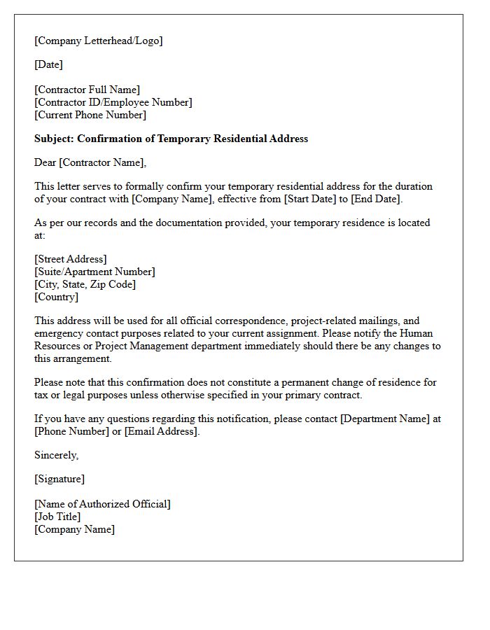 Temporary Contractor Address Confirmation Letter