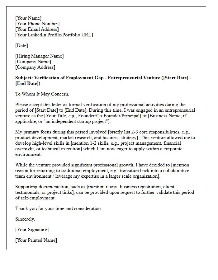 Entrepreneurial Venture Employment Gap Explanation Verification Letter