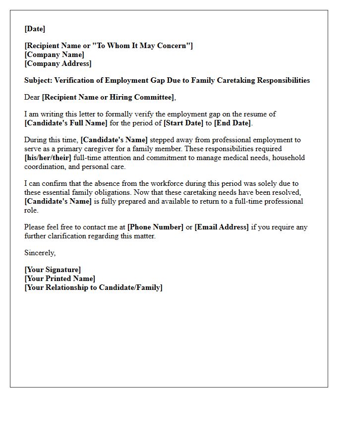 Family Caretaking Employment Gap Explanation Verification Letter