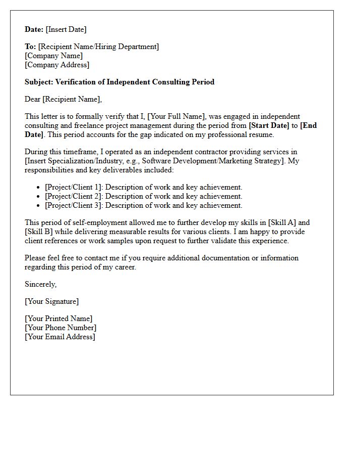 Independent Consulting Employment Gap Explanation Verification Letter