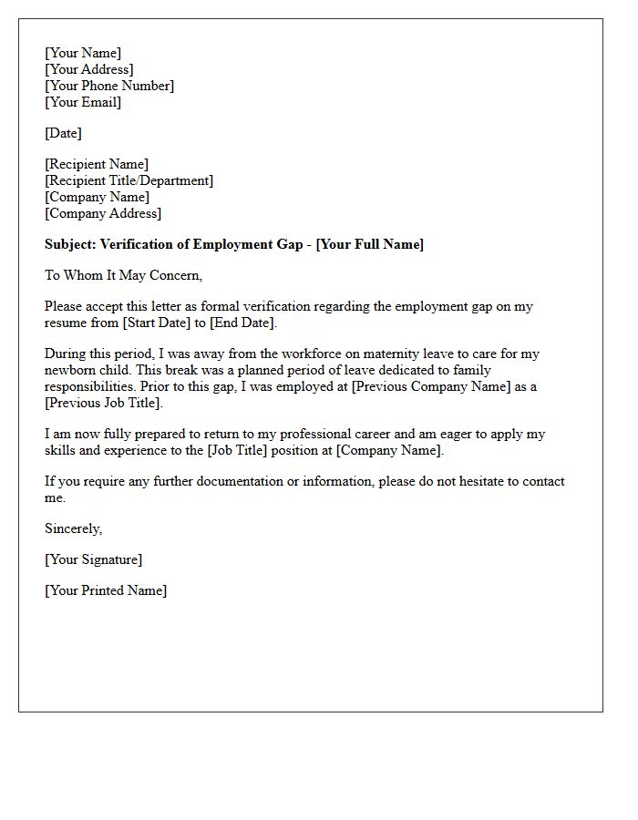 Maternity Leave Employment Gap Explanation Verification Letter