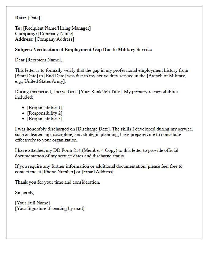 Military Service Employment Gap Explanation Verification Letter
