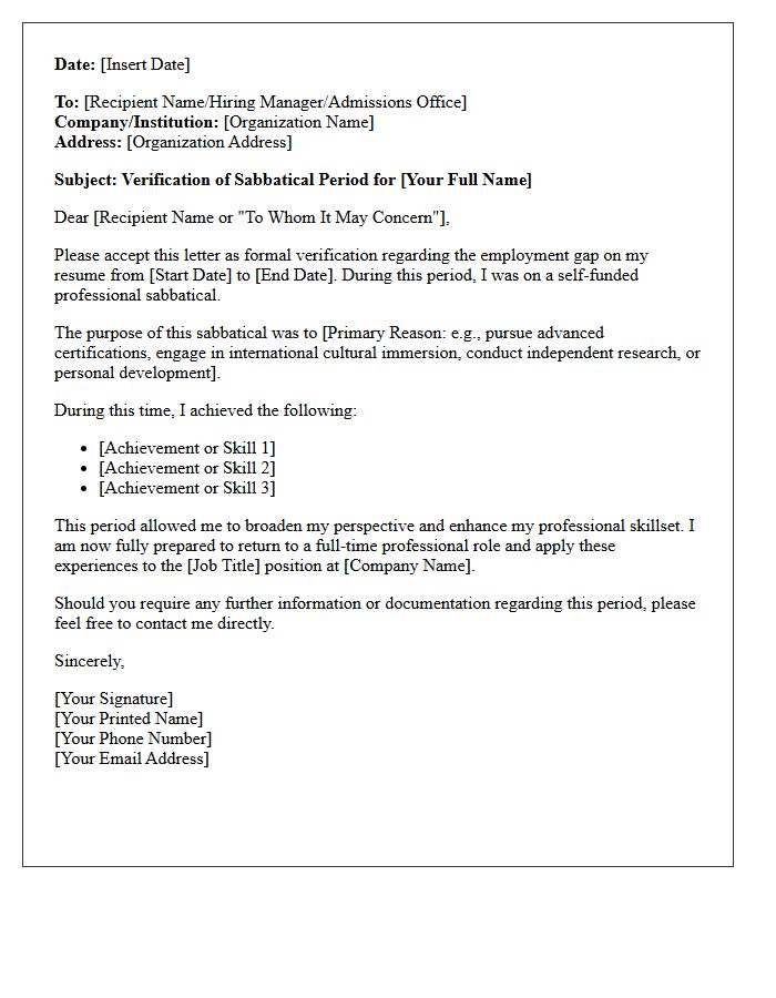 Sabbatical Period Employment Gap Explanation Verification Letter