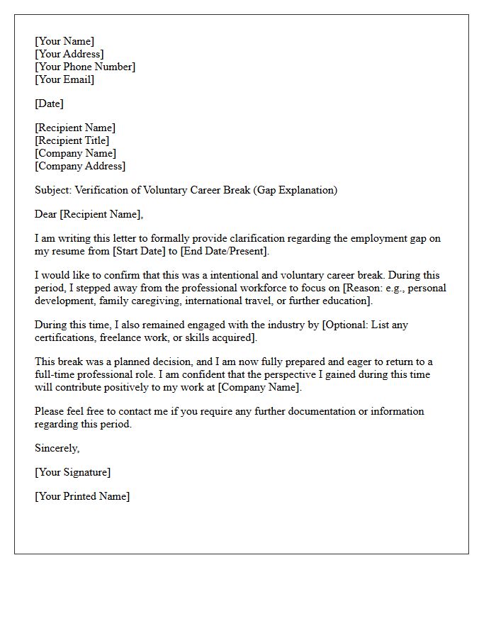 Voluntary Career Break Employment Gap Explanation Verification Letter