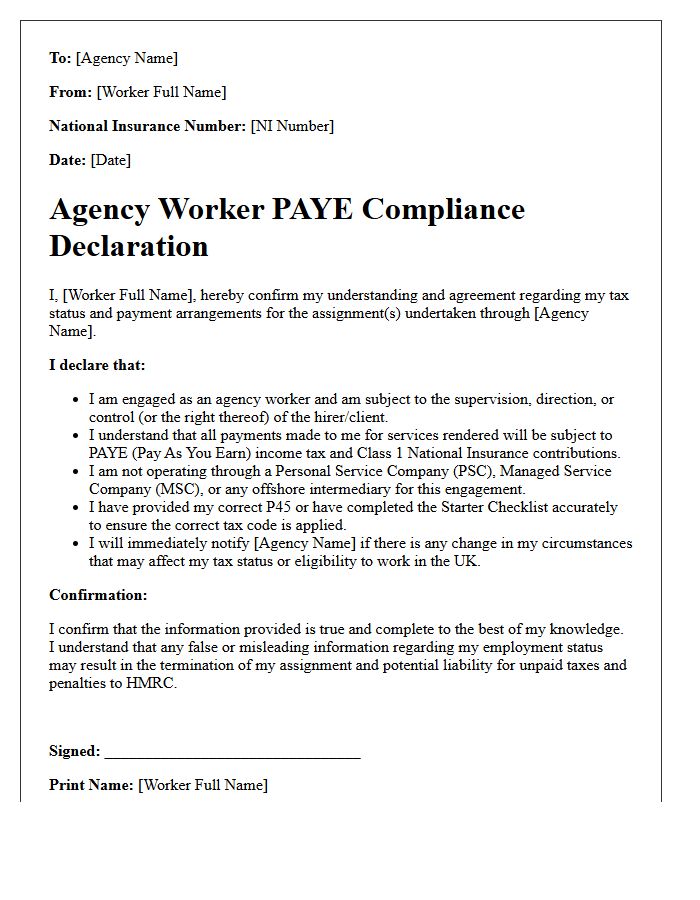 Agency Worker PAYE Compliance Declaration Letter