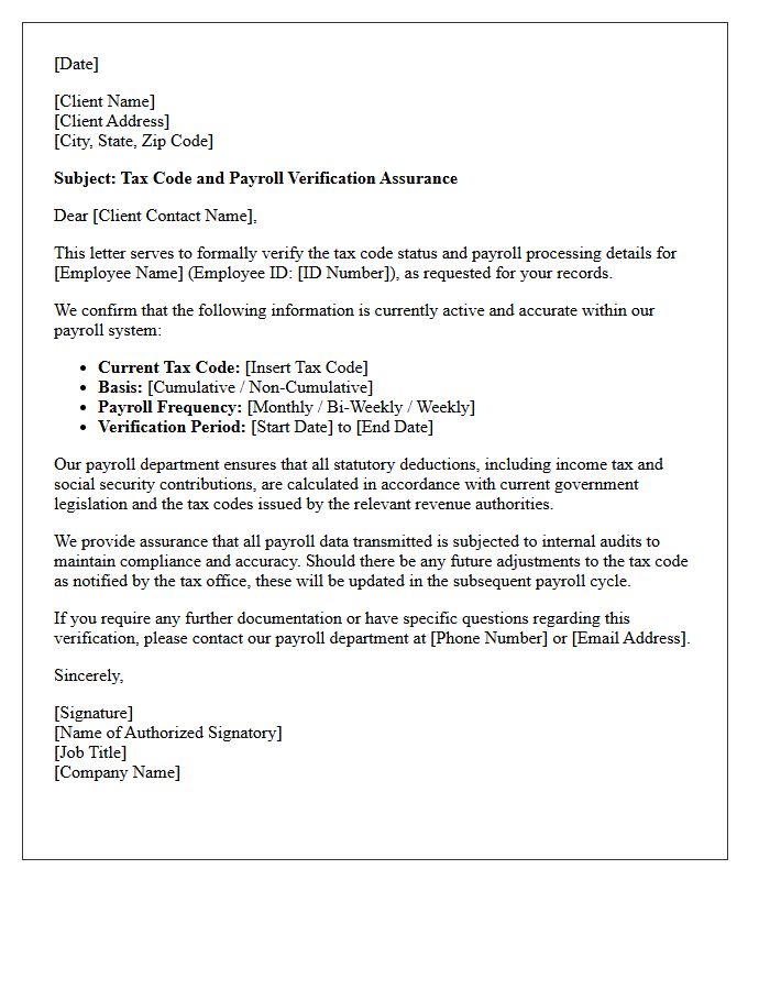 Client Assurance Tax Code And Payroll Verification Letter