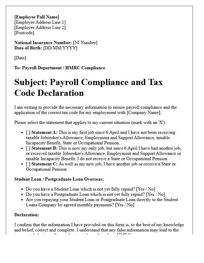 HMRC Payroll Compliance And Tax Code Declaration Letter