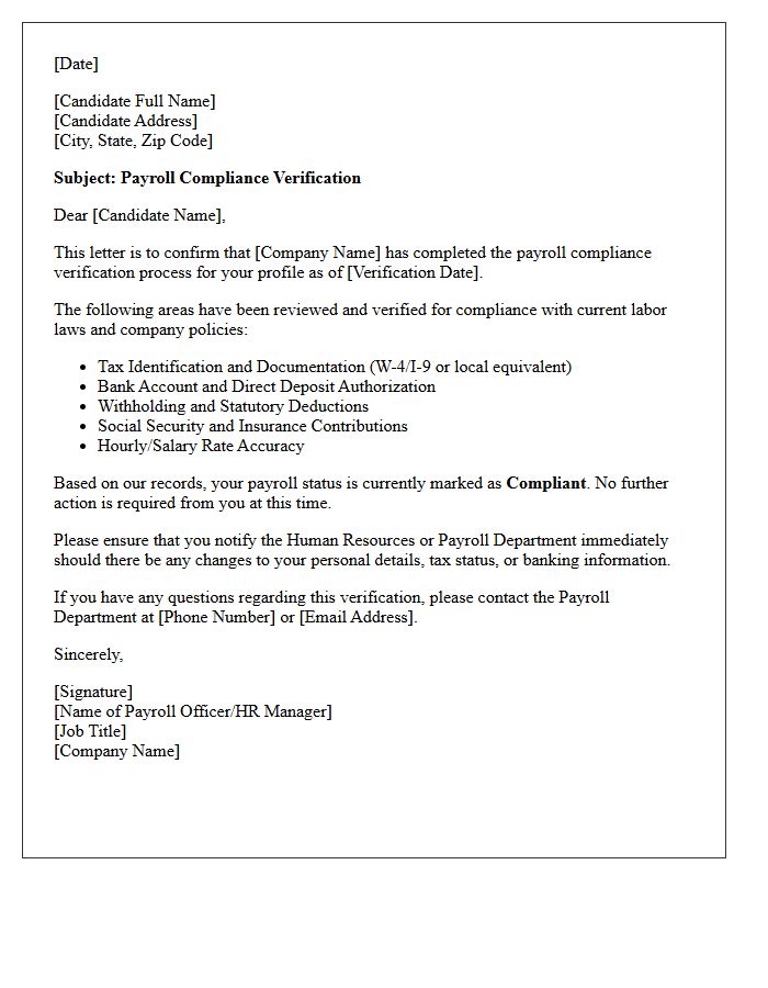 Individual Candidate Payroll Compliance Verification Letter