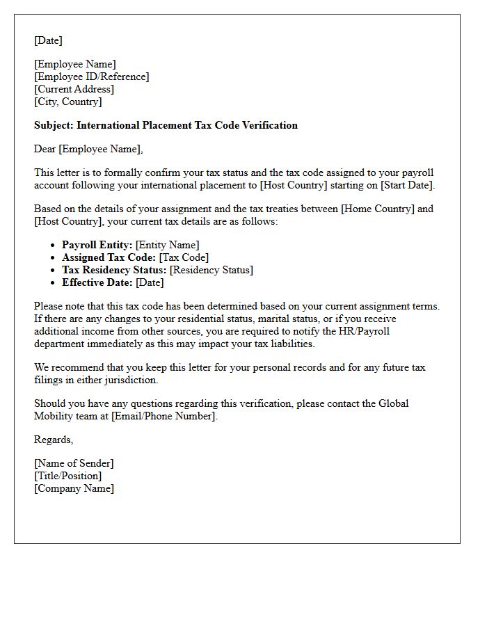International Placement Tax Code Verification Letter
