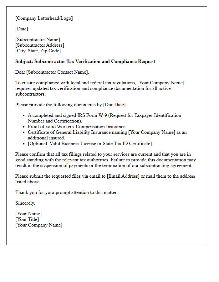 Subcontractor Tax Verification And Compliance Letter