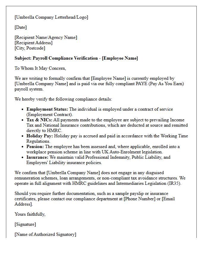 Umbrella Company Payroll Compliance Verification Letter