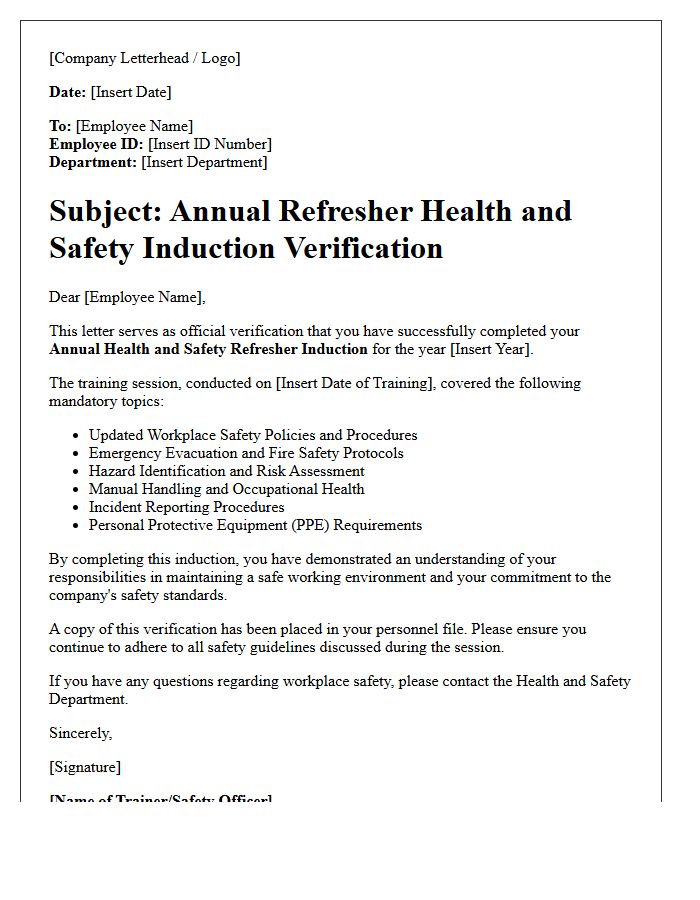 Annual Refresher Health and Safety Induction Verification Letter