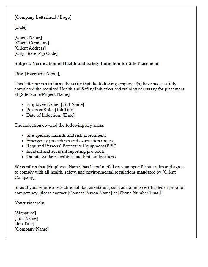 Client Site Placement Health and Safety Induction Verification Letter