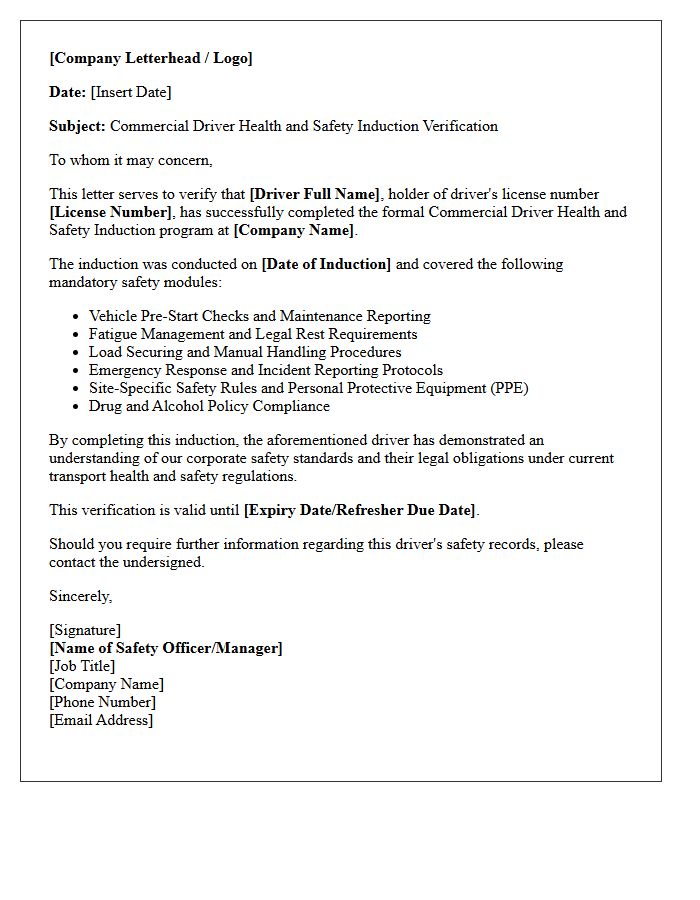 Commercial Driver Health and Safety Induction Verification Letter