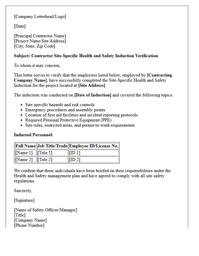 Contractor Site-Specific Health and Safety Induction Verification Letter