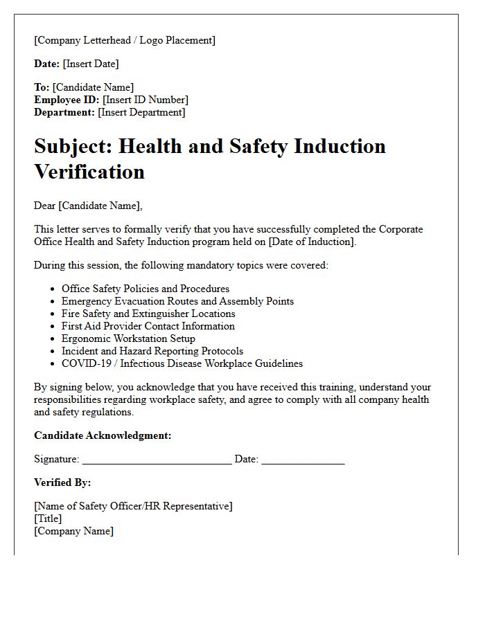 Corporate Office Candidate Health and Safety Induction Verification Letter