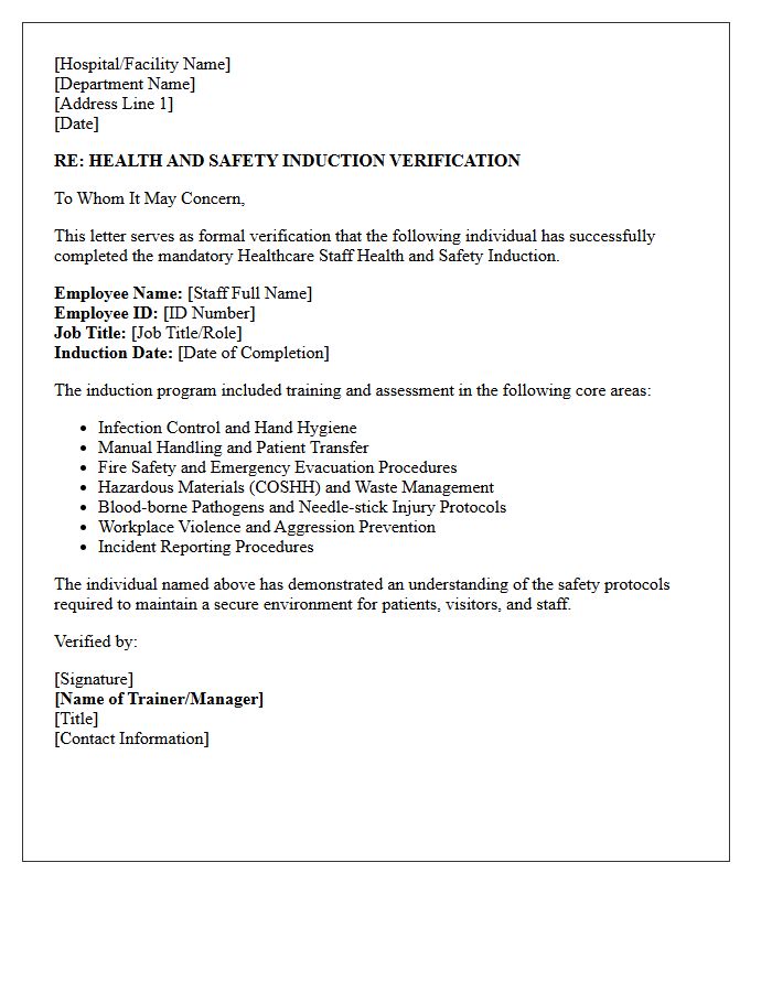 Healthcare Staff Health and Safety Induction Verification Letter