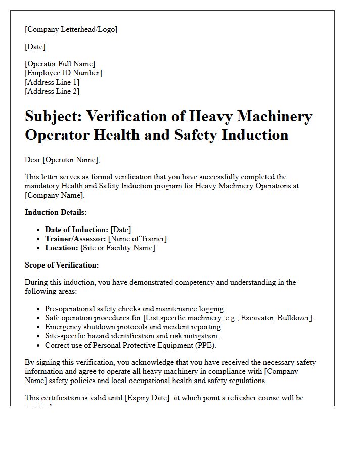 Heavy Machinery Operator Health and Safety Induction Verification Letter