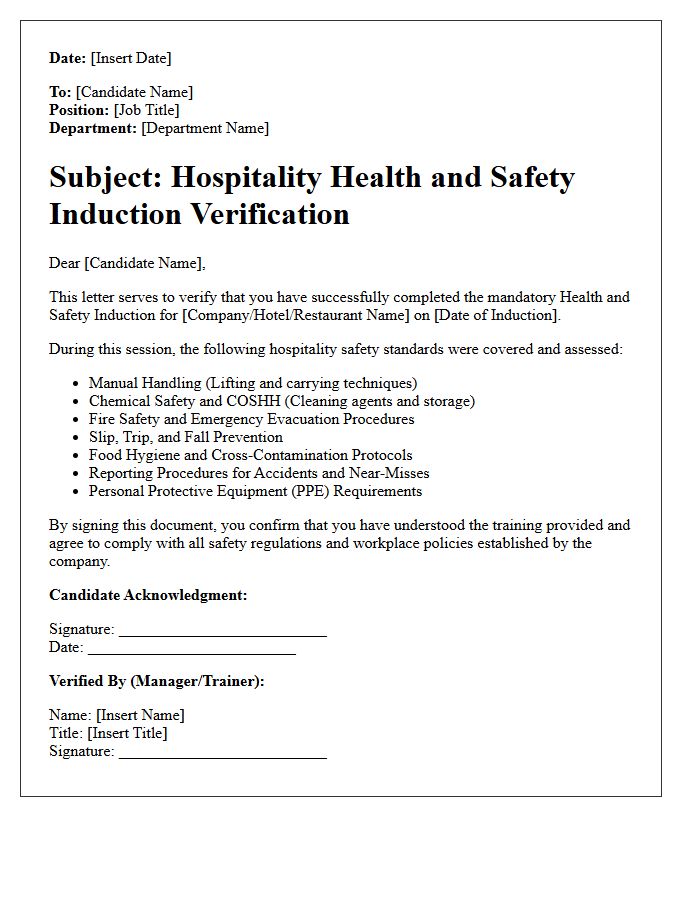 Hospitality Candidate Health and Safety Induction Verification Letter