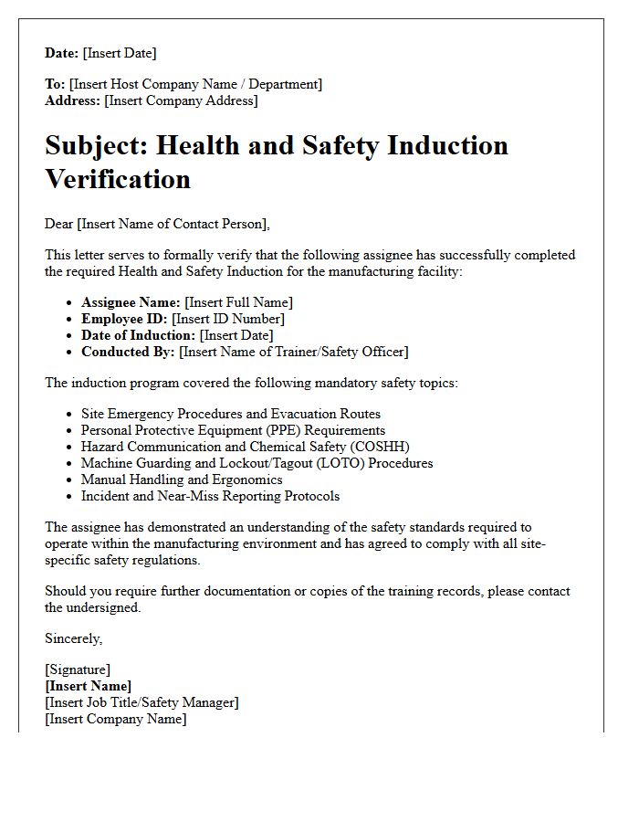 Manufacturing Assignee Health and Safety Induction Verification Letter