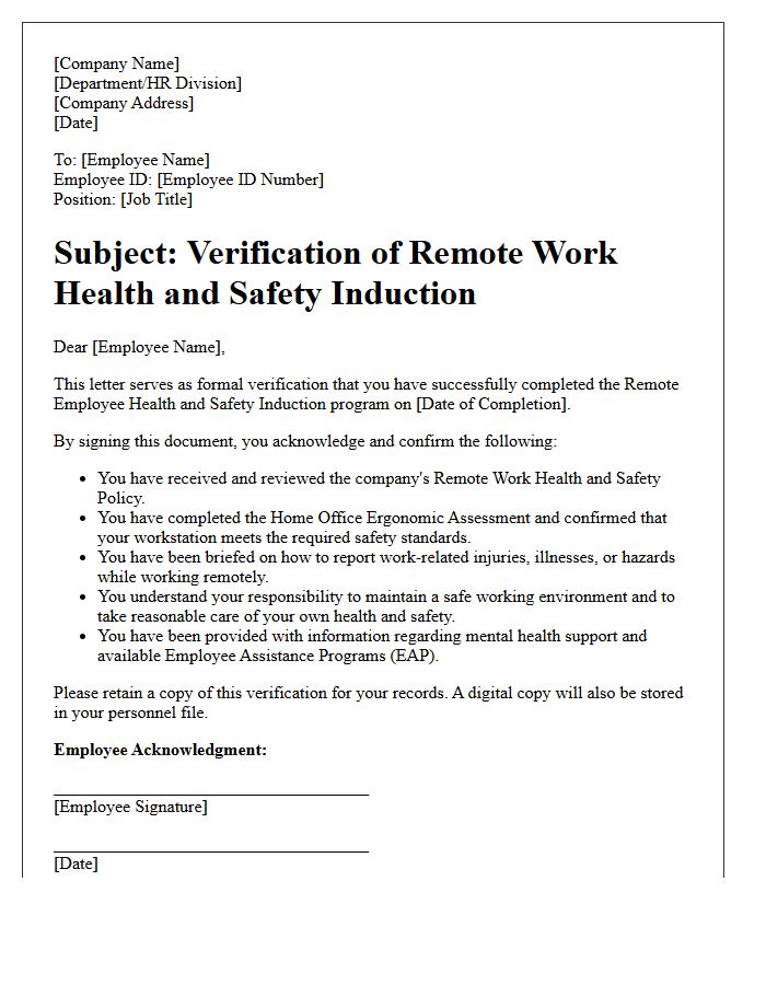 Remote Employee Health and Safety Induction Verification Letter