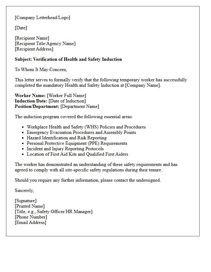 Temporary Worker Health and Safety Induction Verification Letter