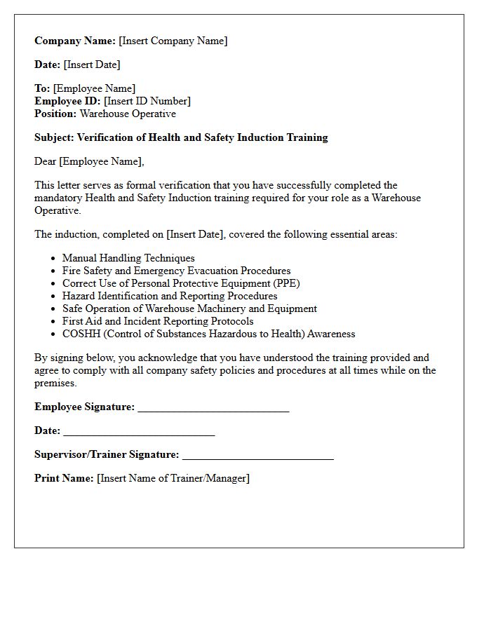 Warehouse Operative Health and Safety Induction Verification Letter