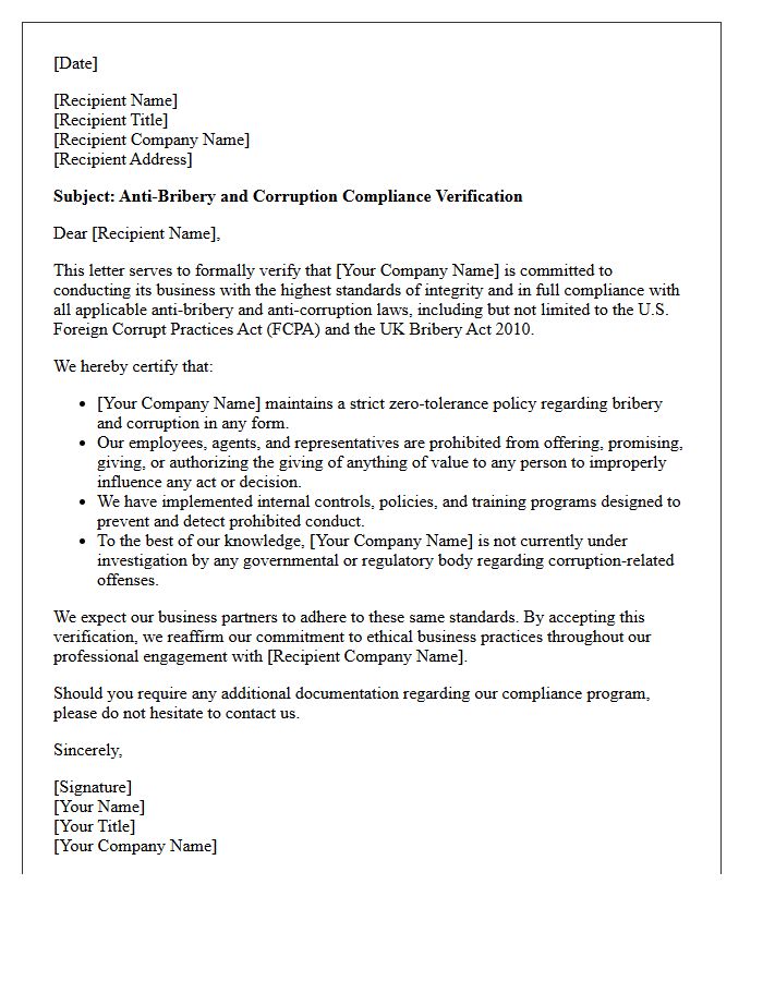 Anti-Bribery and Corruption Compliance Verification Letter