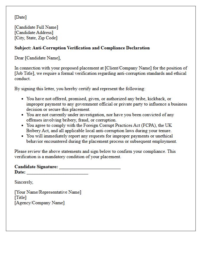 Candidate Placement Anti-Corruption Verification Letter