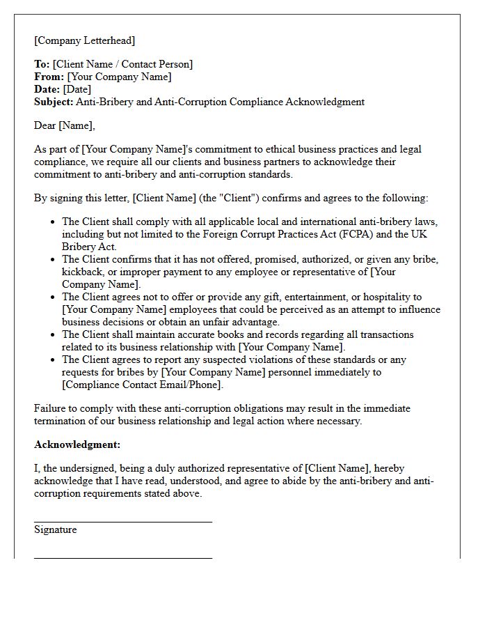 Client Anti-Bribery Compliance Acknowledgment Letter
