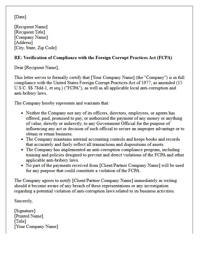 Foreign Corrupt Practices Act Compliance Verification Letter