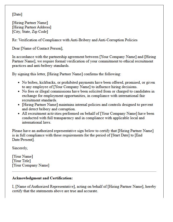 Hiring Partner Bribery Prevention Verification Letter