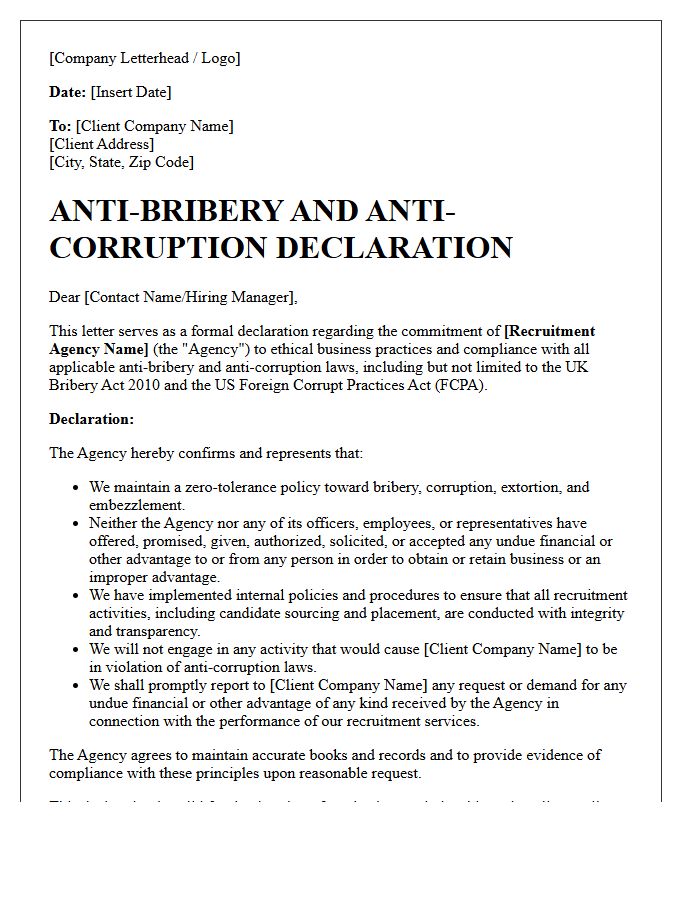 Recruitment Agency Anti-Bribery Declaration Letter