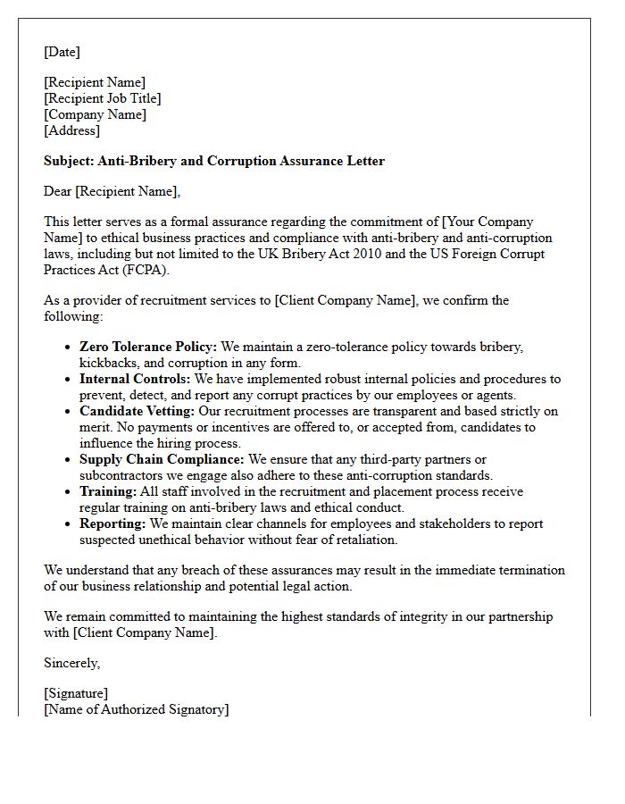 Recruitment Supply Chain Anti-Bribery Assurance Letter