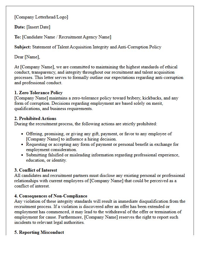 Talent Acquisition Integrity and Anti-Corruption Letter
