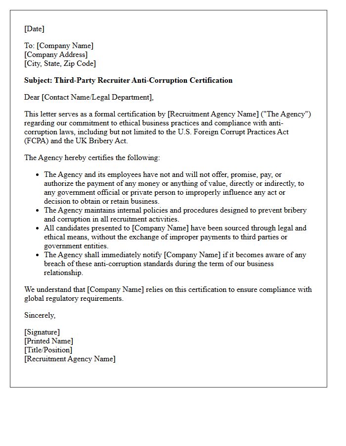 Third-Party Recruiter Anti-Corruption Certification Letter