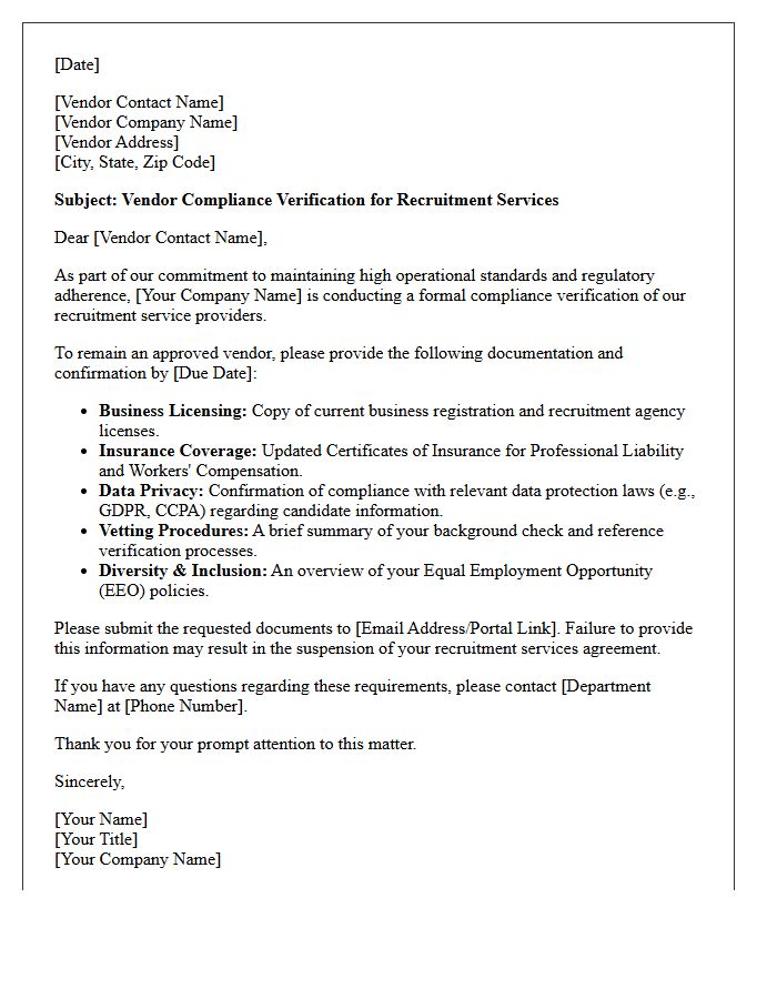 Vendor Compliance Verification Letter for Recruitment Services