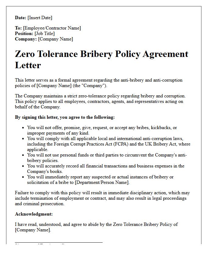 Zero Tolerance Bribery Policy Agreement Letter