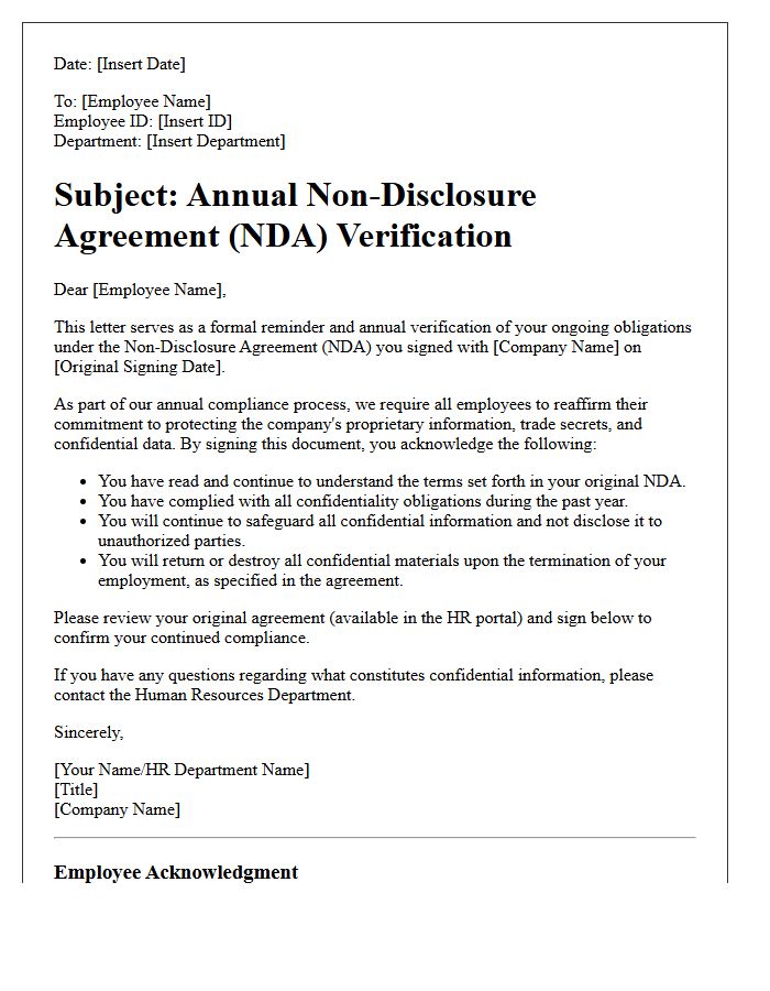Annual Employee Non-Disclosure Agreement Verification Letter